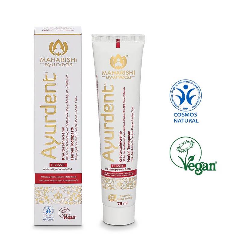Ayurdent Classic – Tube und Faltschachtel mit Zertifikaten
