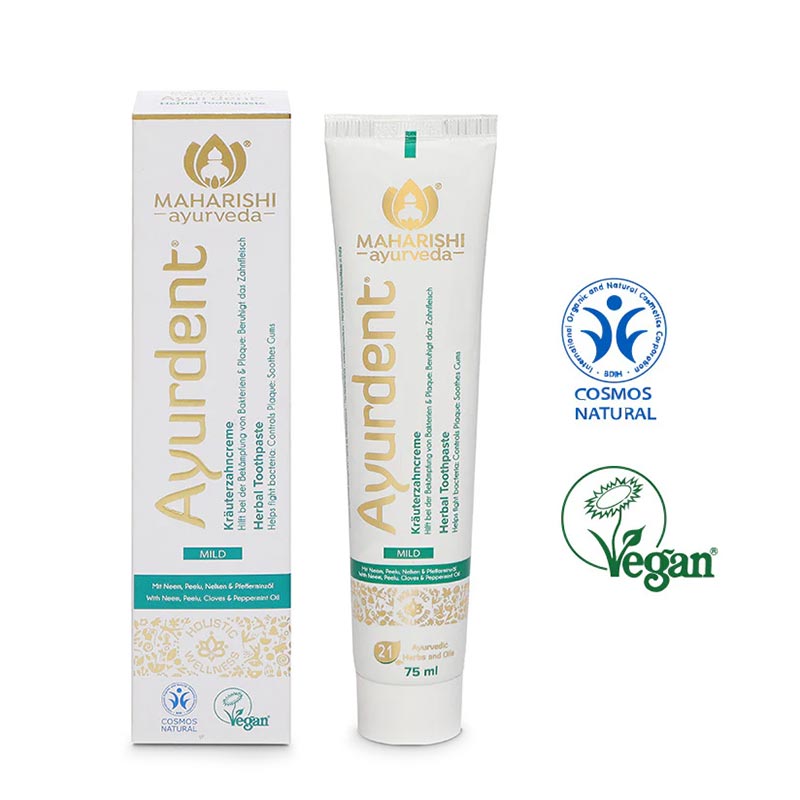 Ayurdent Mild – Tube und Faltschachtel mit Zertifikaten